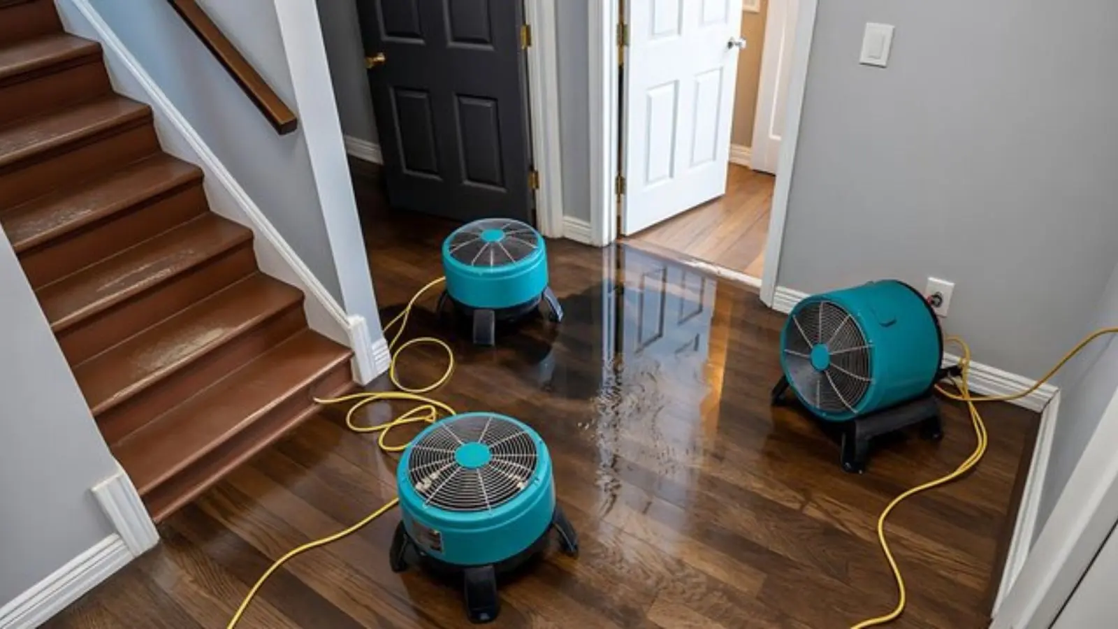 Drying fans running on a wet hardwood floor beside a staircase in a home